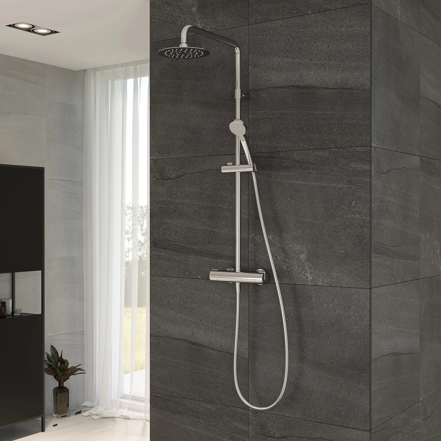 House Duschsystem Mit Thermostat-Brausebatterie Und Kopfbrause Ultraflach Rund, Aufputz 1 House Duschsystem Mit Thermostat-Brausebatterie Und Kopfbrause Ultraflach Rund, Aufputz