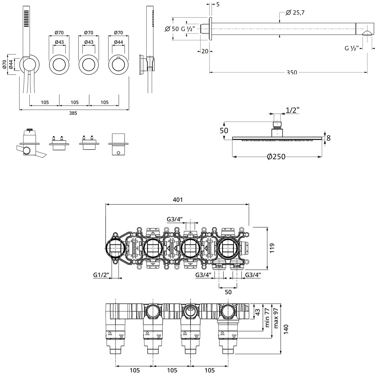 Herzbach MODUL7 Duschsystem P-RB250 Mit PUSH Thermostat Und Kopfbrause Rund 3 Herzbach MODUL7 Duschsystem P-RB250 Mit PUSH Thermostat Und Kopfbrause Rund – Bild 3