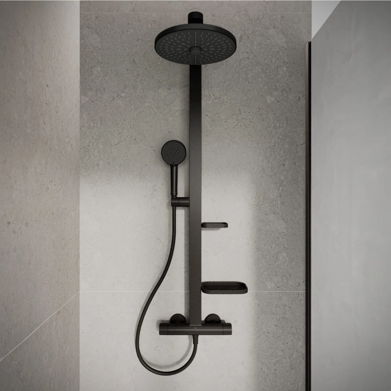 Ideal Standard Alu+ Duschsystem Mit Ceratherm Brausethermostat, 2 Ablagen, 2-Funktions-Handbrause Und 2-Funktions-Kopfbrause 1 Ideal Standard Alu+ Duschsystem Mit Ceratherm Brausethermostat, 2 Ablagen, 2-Funktions-Handbrause Und 2-Funktions-Kopfbrause