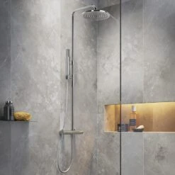 Steinkamp Living Thermostat Duschsystem AP Mit Kopfbrause Ø 22,5 Cm Und Stabhandbrause, Höhenverstellbar